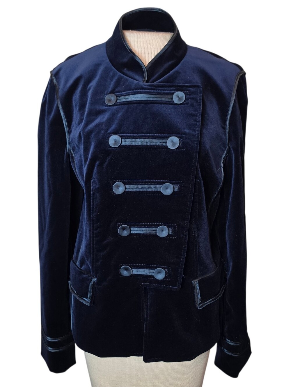 Vintage Y2K Bloomingdale's Military Jacket Size 12 Navy Velvet Hussar Napoleon - Picture 2 of 15